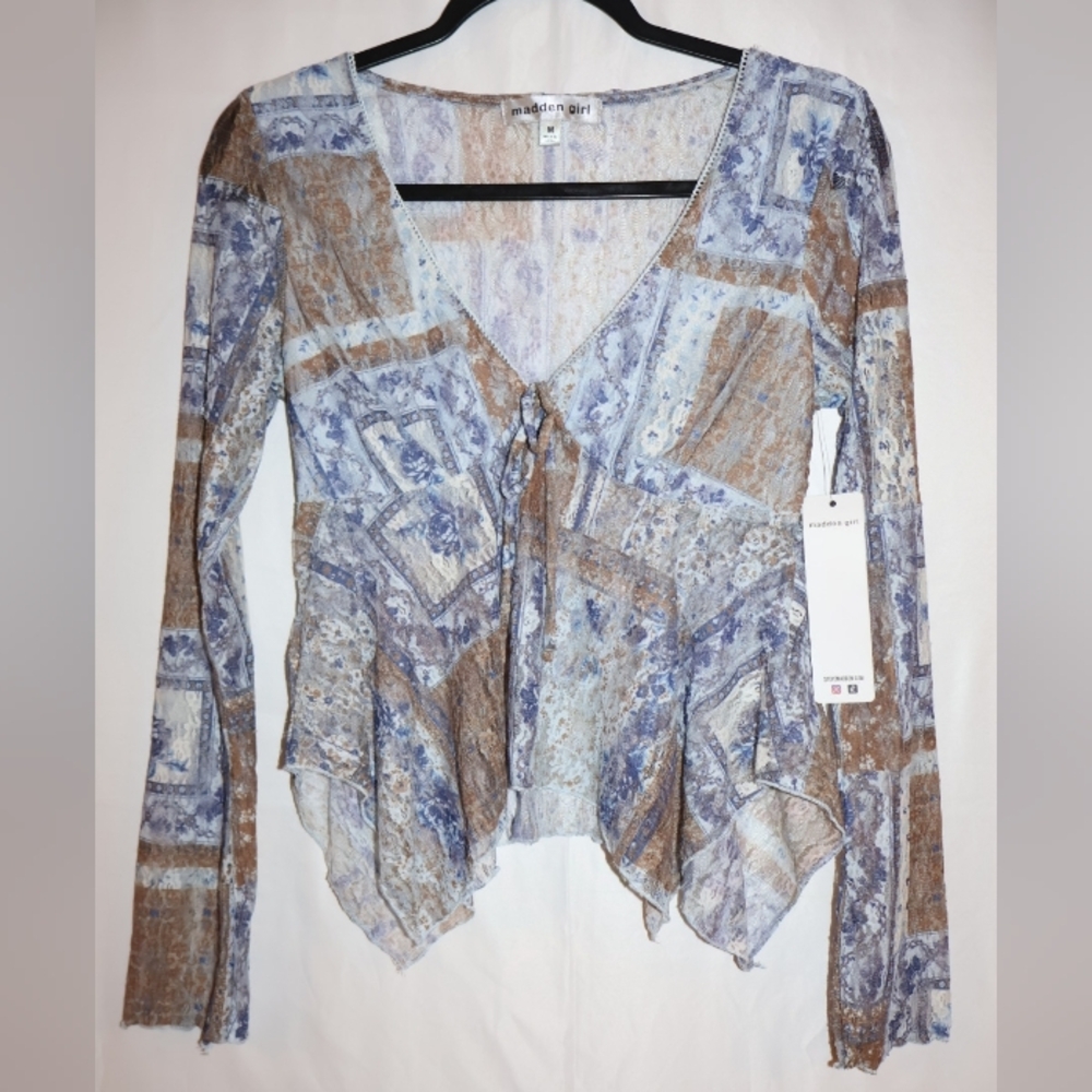 MADDEN GIRL Blue & Brown Bohemian Mesh Hanky Long Sleeve Top. Medium. NWT.